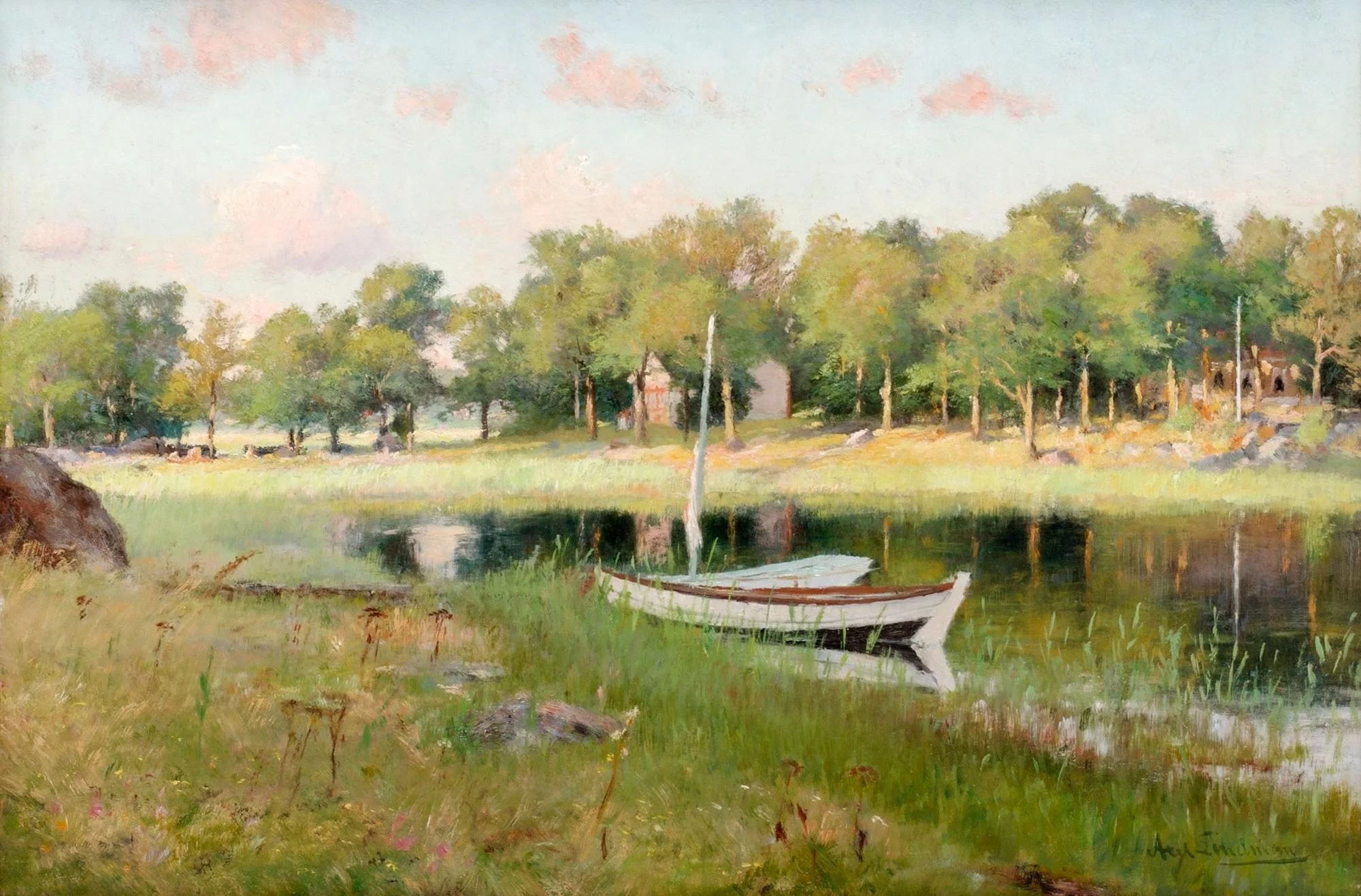 Axel Lindman, Flodlandskap i aftonsol. — Bukowskis