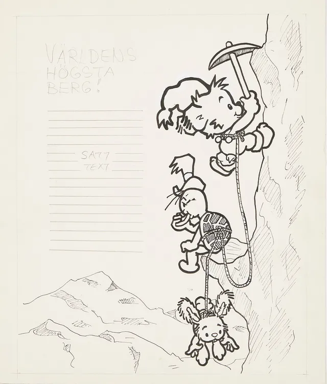 RUNE ANDRÉASSON. Bamse, original till sida ur läroboken "Bamses skola" 1966. lektion 3, tusch på papper.