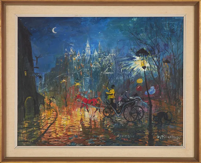 JERZY POTRZEBOWSKI. Olja på duk, motiv med hästdroska från Krakow, signerad och daterad 1960.