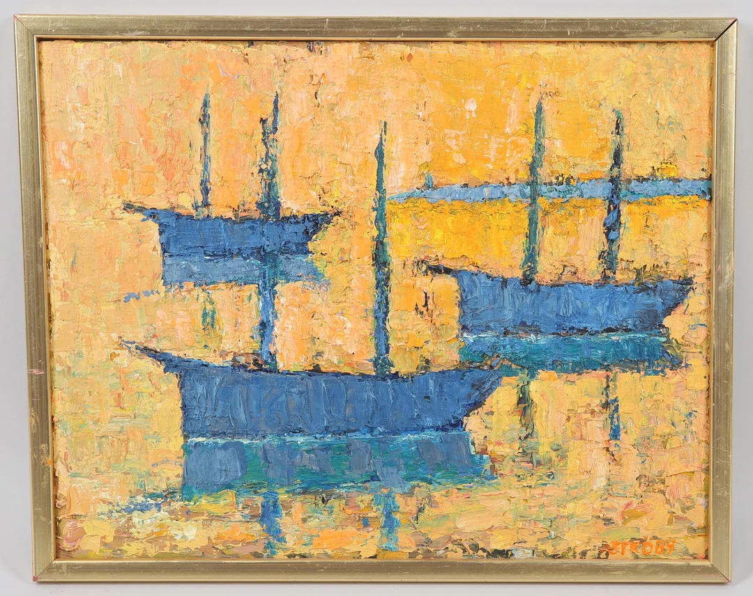 OIDENTIFIERAD KONSTNÄR. Olja på pannå, "Skeppskyrkogård 1", signerad Ströby. — Paintings — Ekenbergs Auktioner