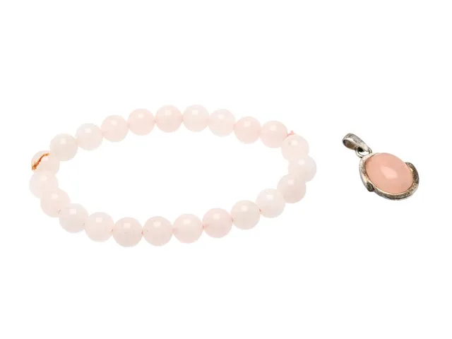 SMYCKESET, armband och hänge, sterlingsilver, rosa kvarts, mått 3,2 x 1,7 cm, elastiskt armband.