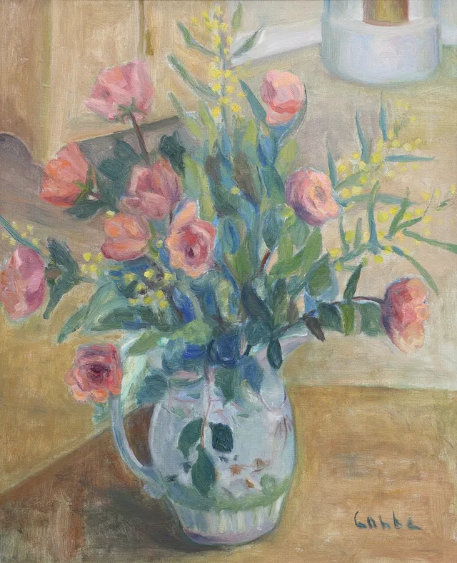 ERICA CABBE. Olja på duk, blommor i vas, signerad.