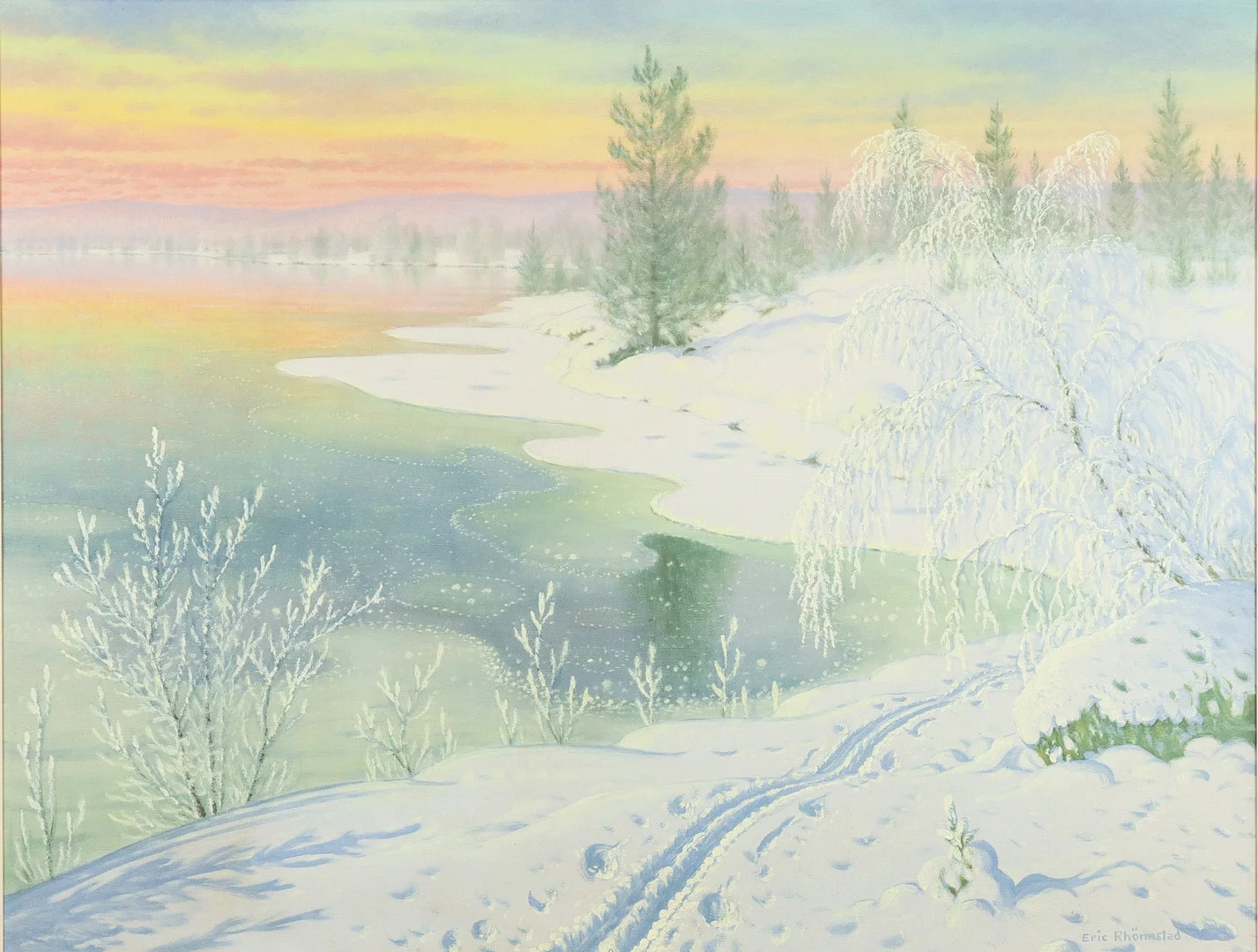 ERIC RHÖNNSTAD. Gnistrande vinterlandskap med rimfrost, signerad, olja på duk. — Paintings — Karlstad Hammarö Auktionsverk