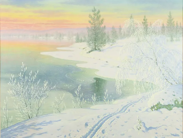 ERIC RHÖNNSTAD. Gnistrande vinterlandskap med rimfrost, signerad, olja på duk.