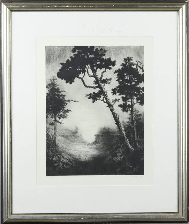 GÖRAN BILLING. Etsning, lutande träd, 19/50, signerad, 1987.