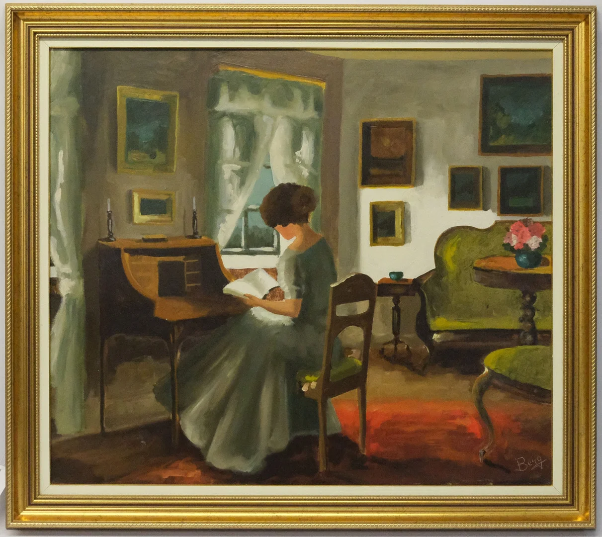 BENTE BERG. OLJA PÅ DUK, LÄSANDE KVINNA, 64X74CM. — Paintings — Björnssons Auktionskammare