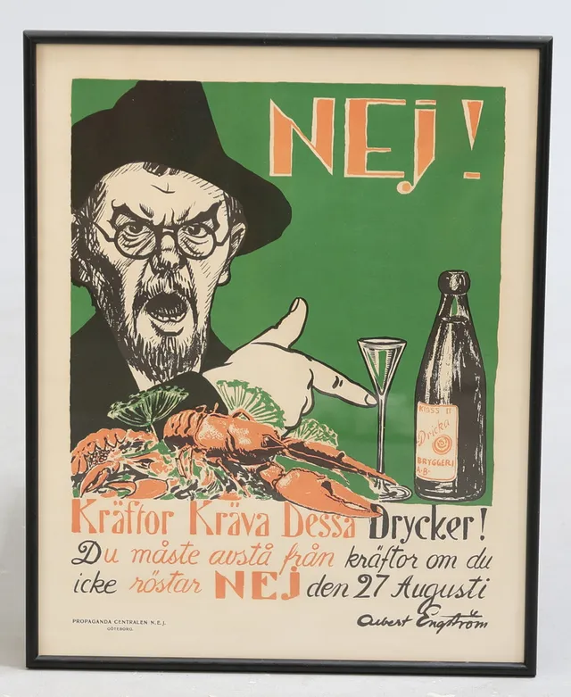 ALBERT ENGSTRÖM. "Nej! Kräftor kräva dessa drycker", propagandaaffisch, A. Lindgren & Söner, Göteborg.