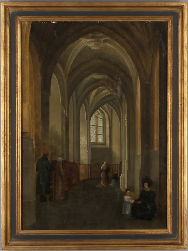 OKÄND KONSTNÄR. Interiör från katedral, olja på duk, 1800-tal.