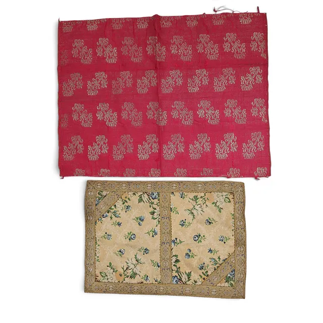 Two fragments of damask and embroidered silk, 18th Century.