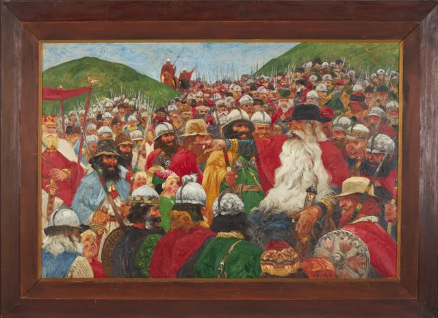 OLOF ARBORELIUS. "Lagman Torgny på tinget", signerad Olof Arborelius, olja på duk, ca 70x105 cm.