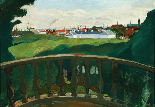 Scene from Helsingør, 1946. Signed OK; signed and dated on the reverse. Oil on canvas. 67×96 cm. A sketch for the painting done in pencil on paper is included in a tube. (2)