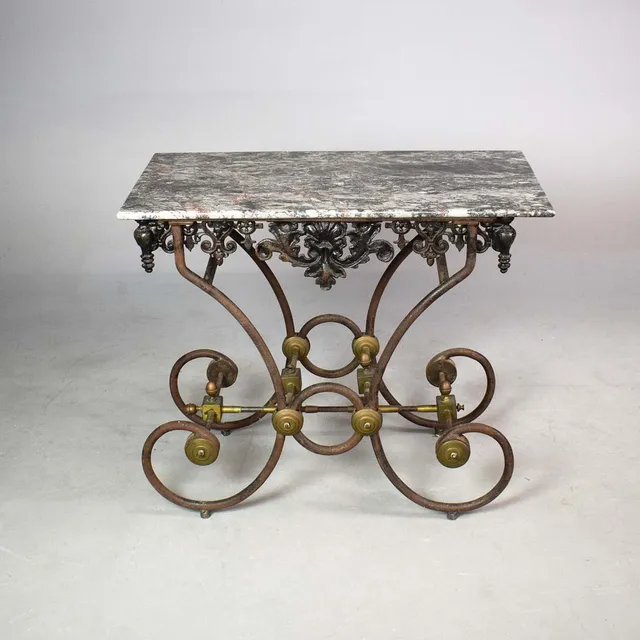 LATE 19TH/EARLY 20TH CENTURY FRENCH CAST IRON AND BRASS PATISSERIE TABLE.