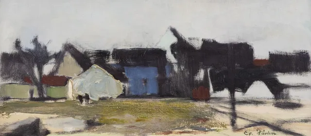 EVERT FÄRHM. Hus i landskap, olja på pannå, signerad.