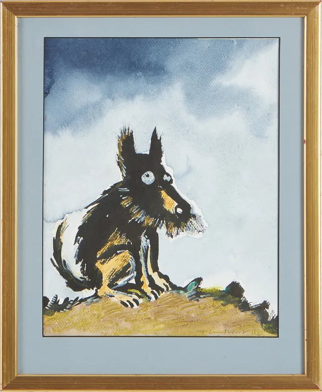 ULF LUNDKVIST. Assar-hunden, akvarell på papper, signerad och daterad 1990.