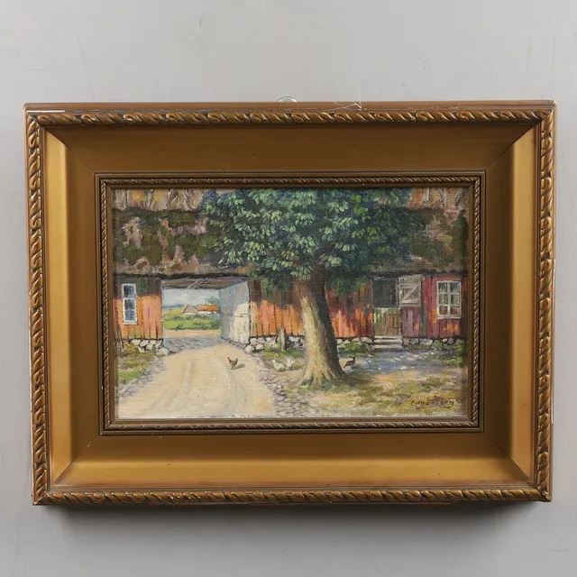 CARL MÅNSSON (1892-1976). Olja på pannå, "Gårdsmotiv", signerad.