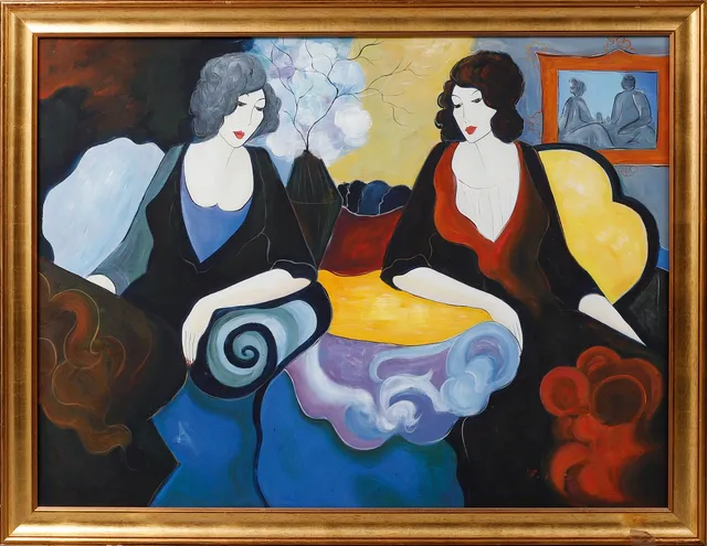 MARY VARLEY. Figurscen, akryl på duk. signerad.