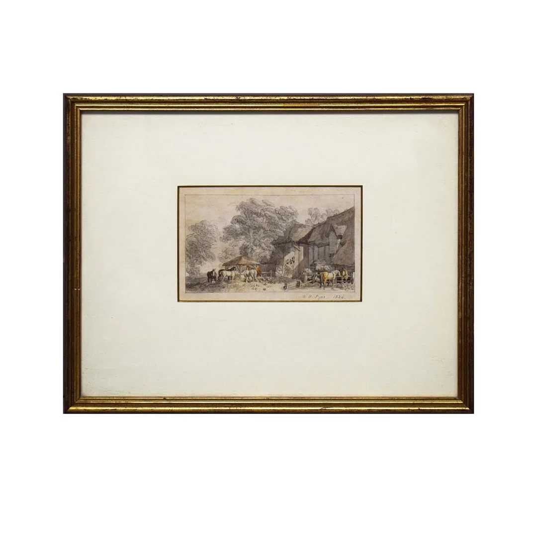 WILLIAM HENRY PYNE (1769-1843). HORSES, FIGURES AND CHICKENS BEFORE A THATCHED BARN. — Engravings & Prints — Lots Road Auctions