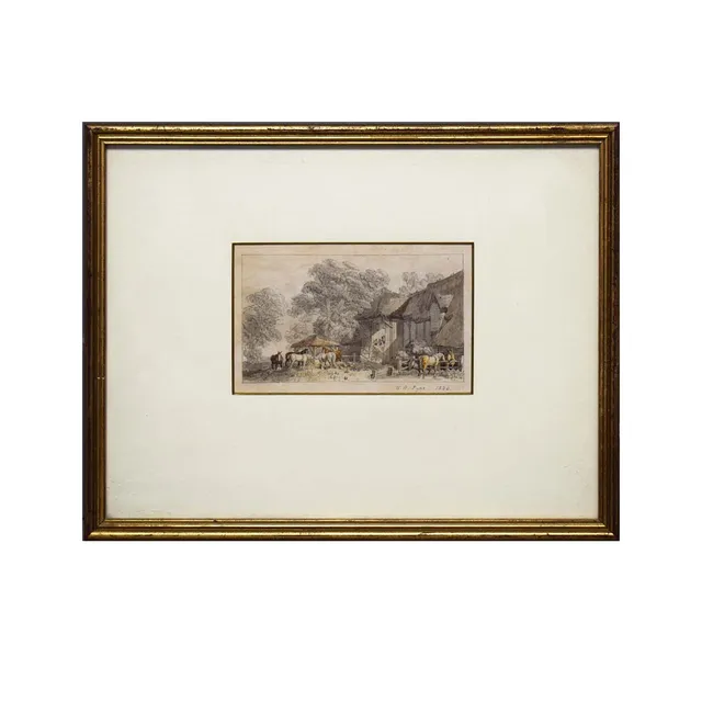 WILLIAM HENRY PYNE (1769-1843). HORSES, FIGURES AND CHICKENS BEFORE A THATCHED BARN.