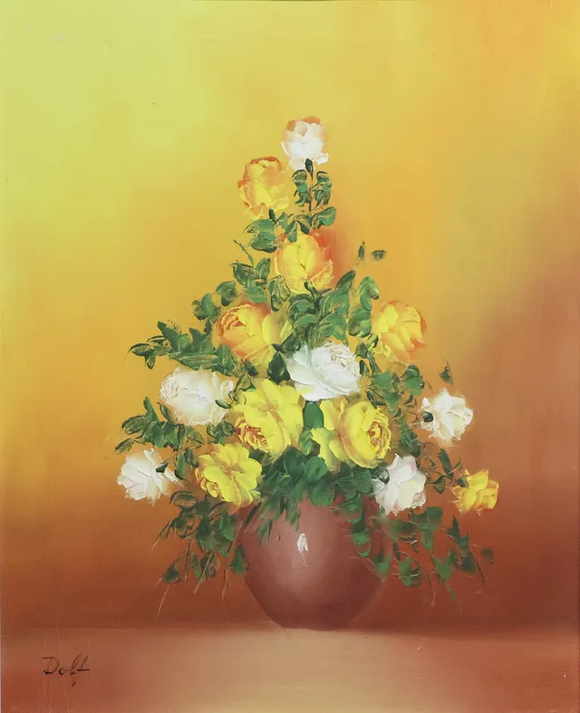 OIDENTIFIERAD KONSTNÄR. olja på duk, blomsterstilleben.