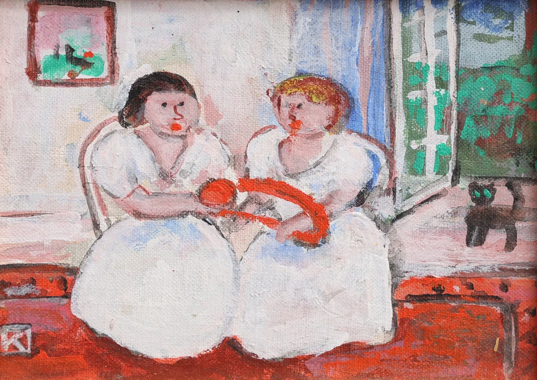 KRISTINA JÖRED. OLJA PÅ PANNÅ, "NYSTA GARN", MONOGRAMSIGNERAD. — Paintings — Crafoord Auktioner Lund