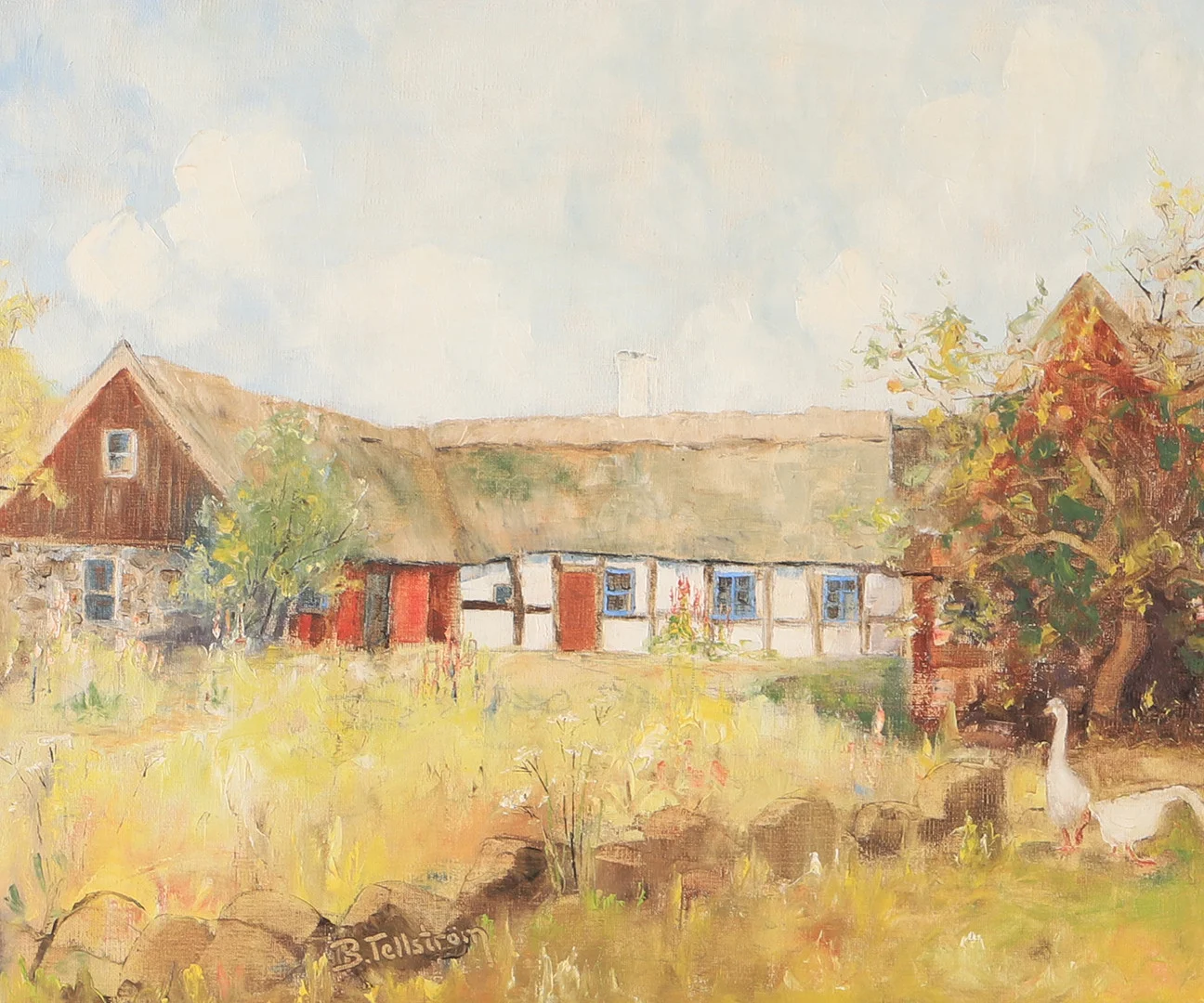 BROR TELLSTRÖM. Skånsk gård, olja på pannå, signerad B. Tellström. — Paintings — Helsingborgs Auktionskammare