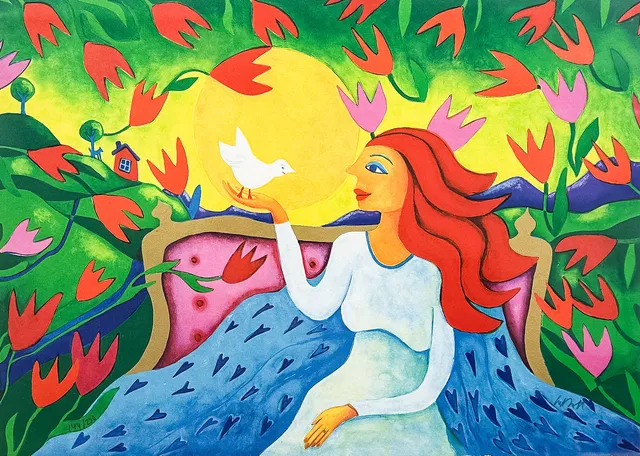 INGRID ROTH. FÄRGLITOGRAFI, "Kvinna med fågel", signerad, numrerad.