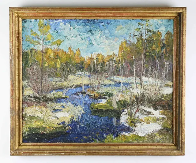 GÖSTA BOHM. Olja på pannå, Vattendrag, signerad.