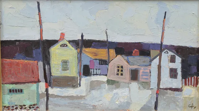 CALLE JOHANSSON. Bebyggelse, olja på pannå, signerad.