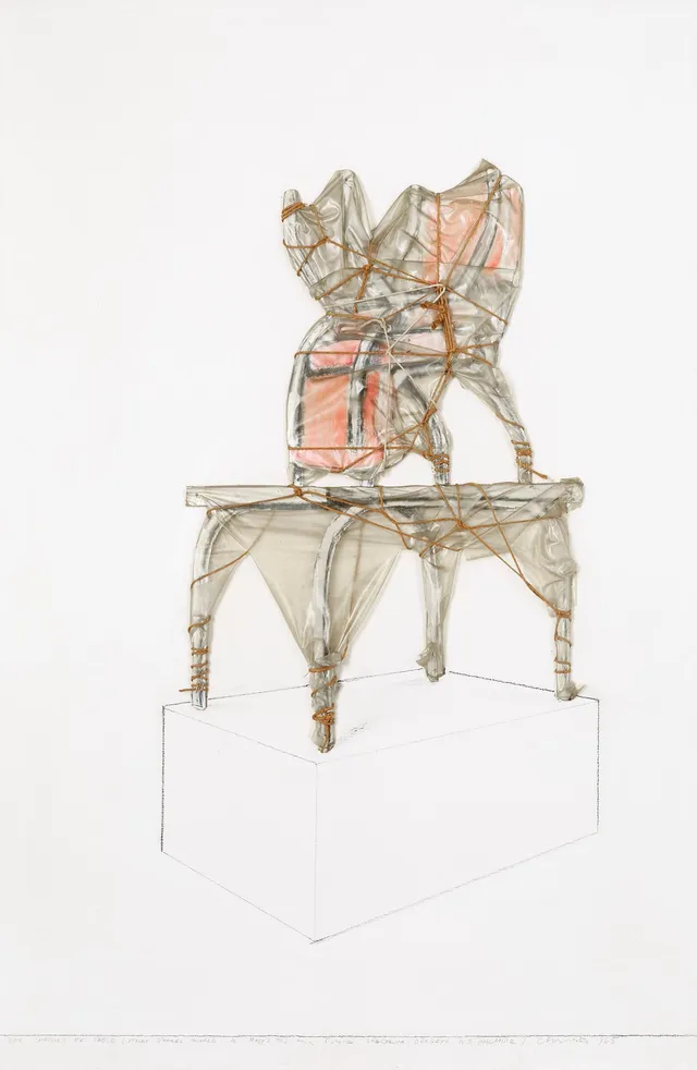 Christo & Jeanne-Claude, "Deux chaisses et table" (Projet d'après model de Masy's 1963 pour l'usine Spectrum, Bergeyk, N.B. Hollande).