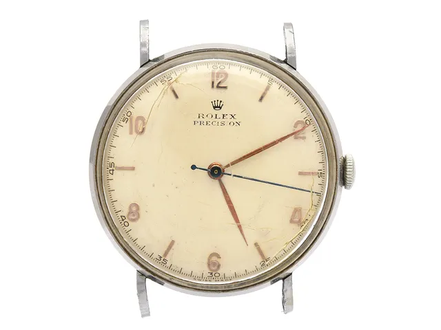 ROLEX, Precision, Ref nr. 4061, Boett nr. 055135, herrur, 33,5 mm, stål, manuell, plexiglas (skadat), skadad urtavla, defekt (se fördjupad information), skadad boett (böjt bandhorn), ca 1950.