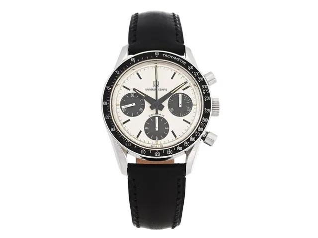 UNIVERSAL Geneve, Compax (Swiss T 25), s.k. "Nina Rindt", "Tachymètre", Cal Valjoux 72, Serie nr. 2´569´620, Boett nr. 885103/02, kronograf, armbandsur, 36 mm, stål, manuell, plexiglas (original), servicebehov (fjäder av), läderband, ca 1967.
