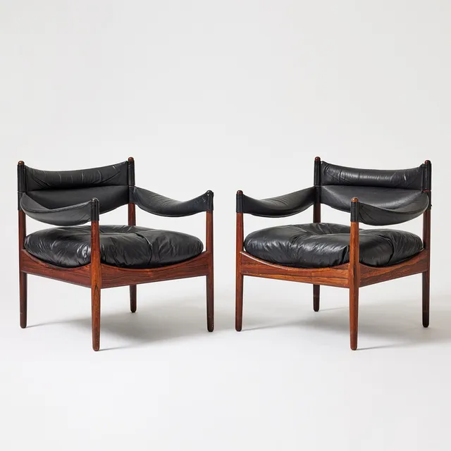 KRISTIAN SOLMER VEDEL. "Modus", fåtöljer, ett par, Søren Willadsen Møbelfabrik, Danmark 1960-tal, formgiven 1963, palisander, klädel i svart läder.