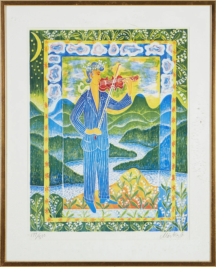 MÅRTEN ANDERSSON (SVERIGE, 1934-2017). "Hälsingespelmannen" (Stora spelmannen). Signerad Mårten A och numrerad 199/300. Färglitografi. — Engravings & Prints — Stockholms Auktionsverk Magasin 5
