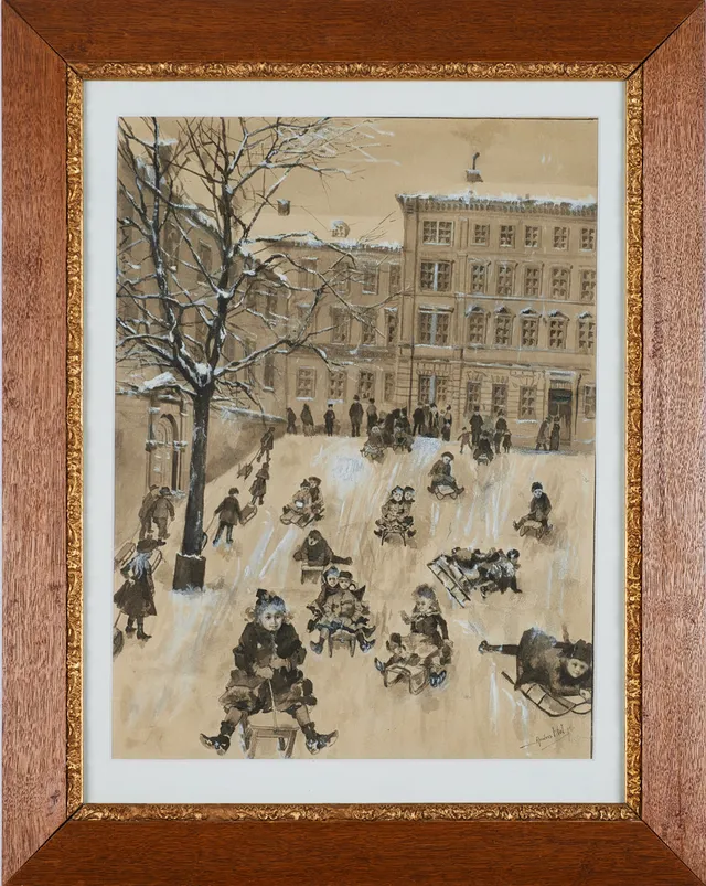 ANDERS HOL (1867-1956). Lantmäterigatan vid Kungsträdgården, tusch med täckvitt, signerad Anders Hol.