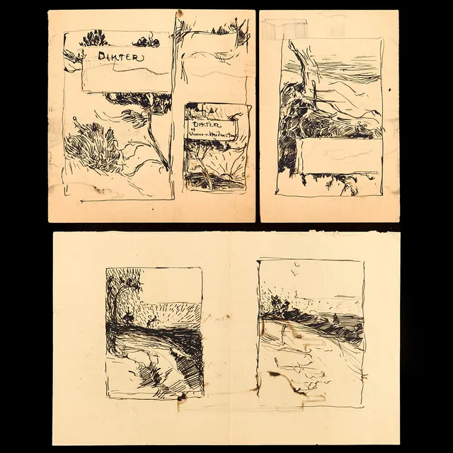 KARL NORDSTRÖM (Tjörn 1855-1923 Drottningholm). Sju studier till Verner von Heidenstams ”Dikter”, svart tusch på papper.