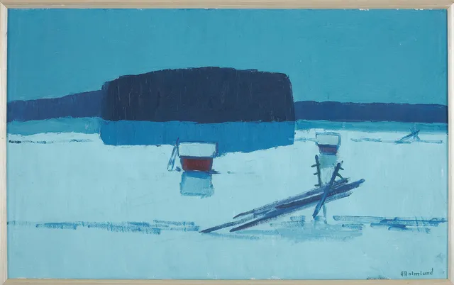 HELGE HOLMLUND. Vinterlandskap med bodar, olja på duk. signerad.