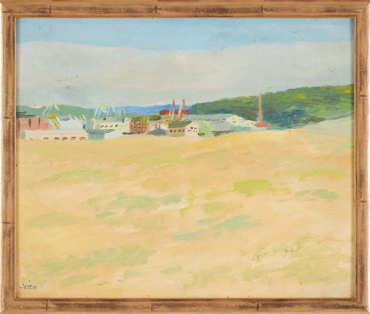 IVAN GRÜNEWALD. Landskapsmotiv med stad i bakgrunden, olja på pannå, signerad Ivàn. — Paintings — Stockholms Auktionsverk Sickla