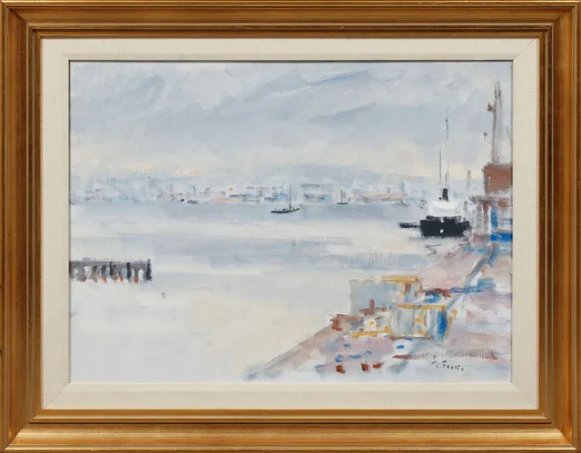 RAGNAR FALK. Göteborgs hamn, olja på duk, signerad.