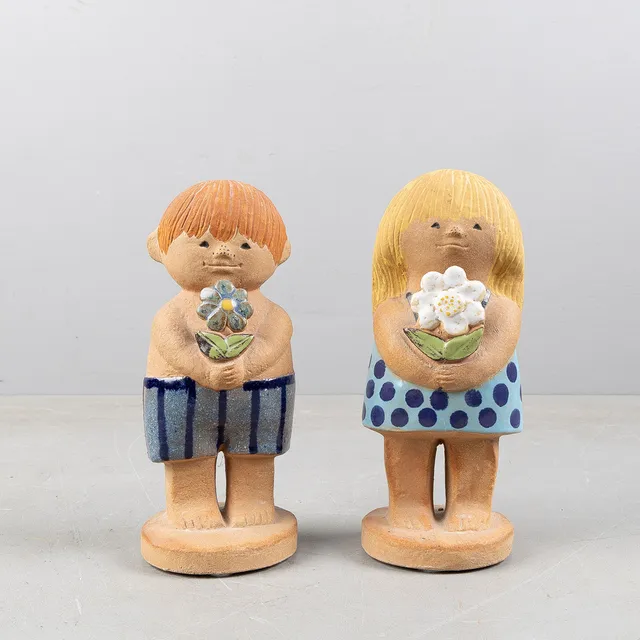 LISA LARSON. Figuriner 2 stycken, "Eva 2 & Adam 2", Gustavsberg, delvis glaserade.