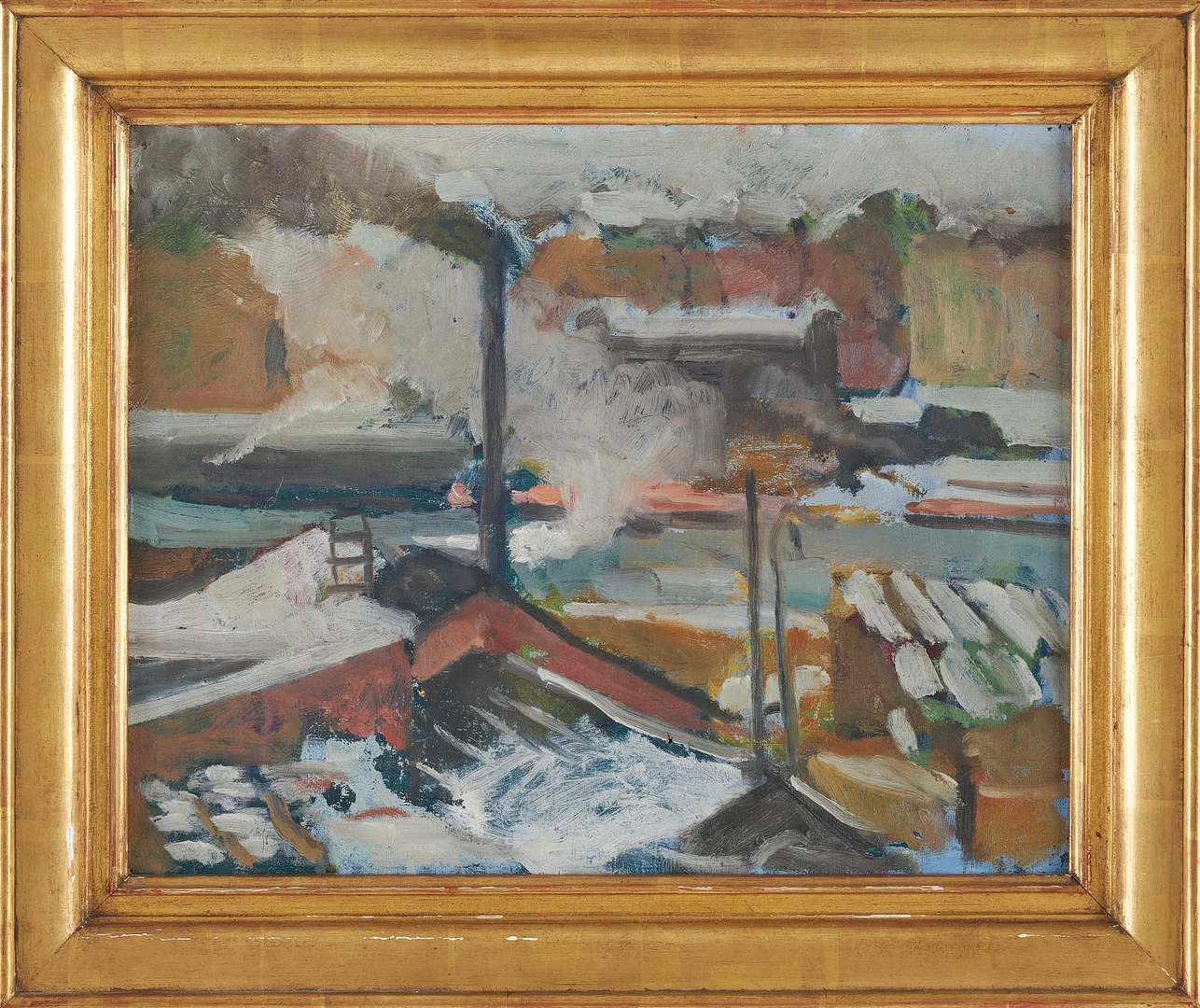 WILLIAM NORDING (1884-1956):. TILLSKRIVEN. "Brädgård", daterad på baksidan 1922, olja på duk. — Paintings — Stockholms Auktionsverk Sickla