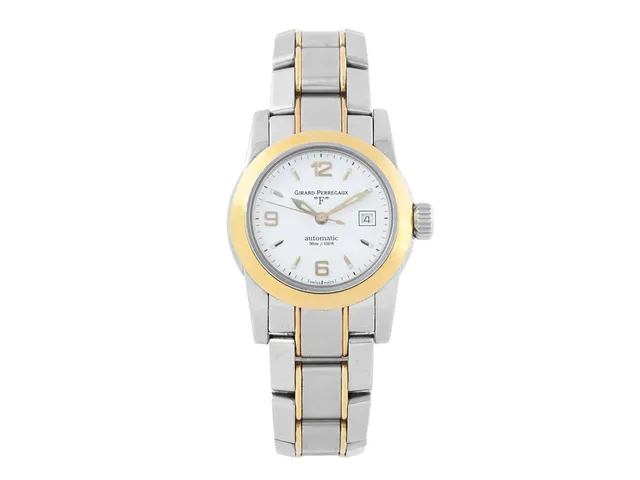 GIRARD-PERREGAUX, "F" (50m/150ft), Cal E 0500 (ETA 2671), Serie nr. 92, Ref nr. 8039, damur, 29 mm, stål/guld, automatisk, safirglas, datum, originallänk, viklås, cert (ej komplett), ca december 2006, box, ytterkartong.