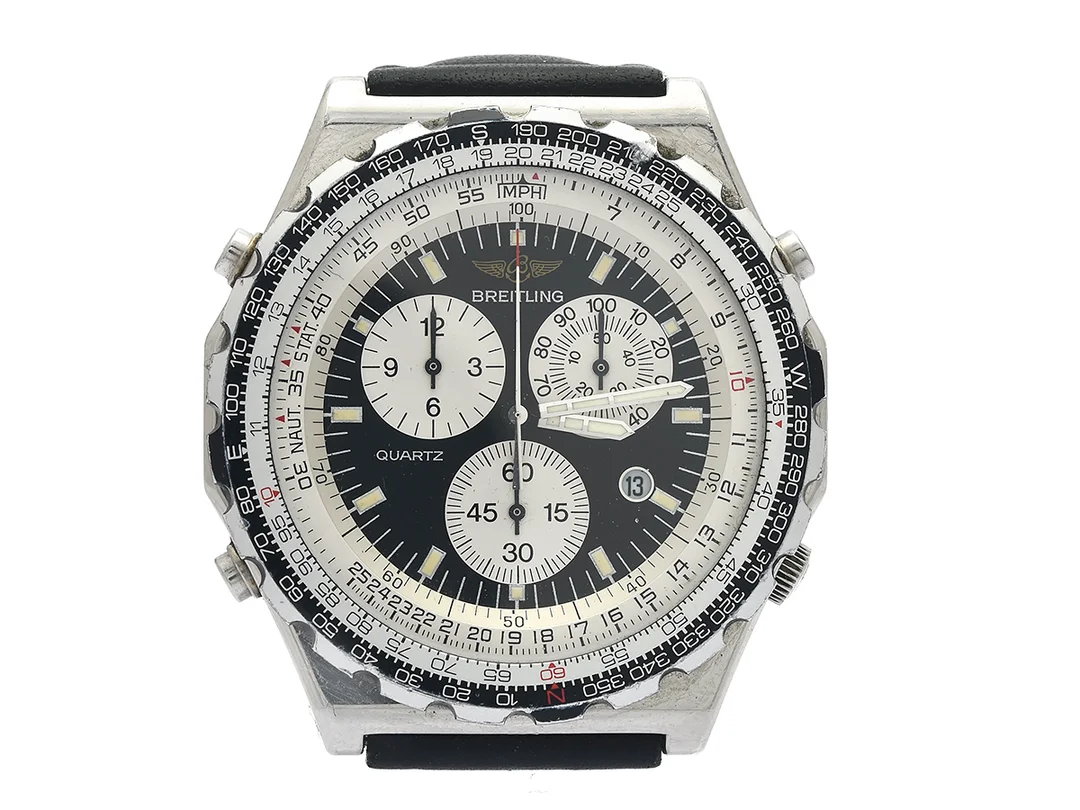 BREITLING, Jupiter Pilot, Cal B 59 (Miyota), Serie nr. 25750, Ref nr. A59028, kronograf, herrur, 41,5 mm, stål, quartz, mineralglas, datum, skadad urtavla, läderband, cert, januari 1994. — Klockor/Breitling — Kaplans