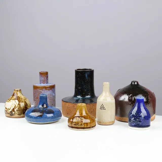 CONNY WALTHER (1931-2019). Collection of eight glazed stoneware vases in brutalist style, own studio, Denmark, brutalism, 1960/70s, (8).