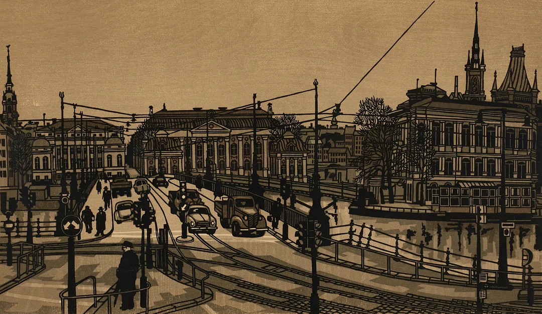 SVEN OLOF EHRÉN (1927-2004). Vasabron - Stockholm, signerad och daterad -61, numrerad 157/310, träsnitt. — Engravings & Prints — Crafoord Auktioner Stockholm