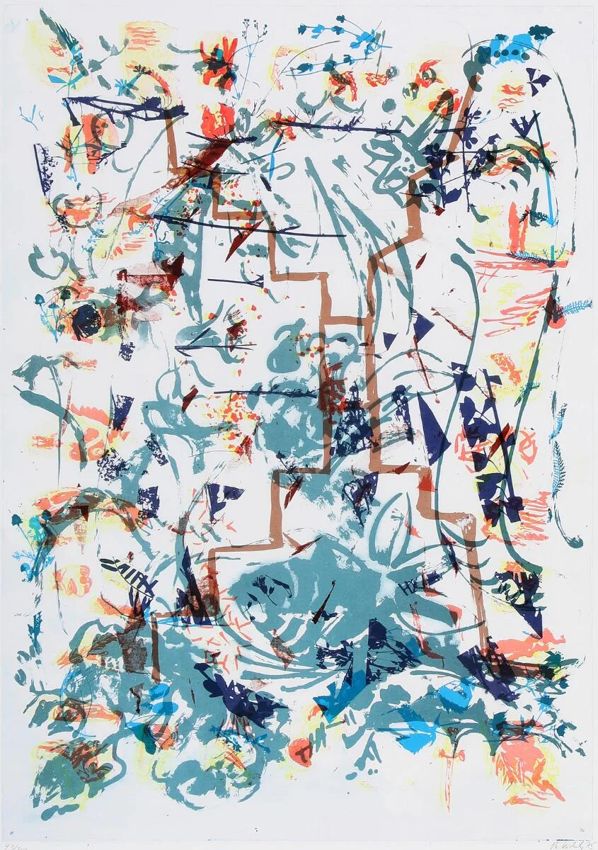 Per Kirkeby: Composition from “Rebeccas Herbarium. Signed Per Kirkeby 75, 43/100. Colour lithograph. Visible size 61×43 cm. — Modern Prints/Modern art — Bruun Rasmussen