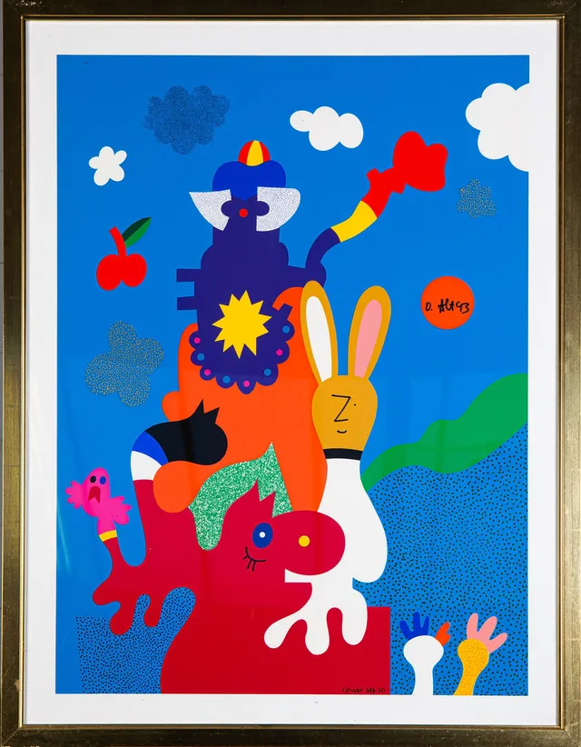 OTMAR ALT. Otmar Alt, Farbsiebdruck, 'Wettlauf zwischen Hase und Igel', 1993.