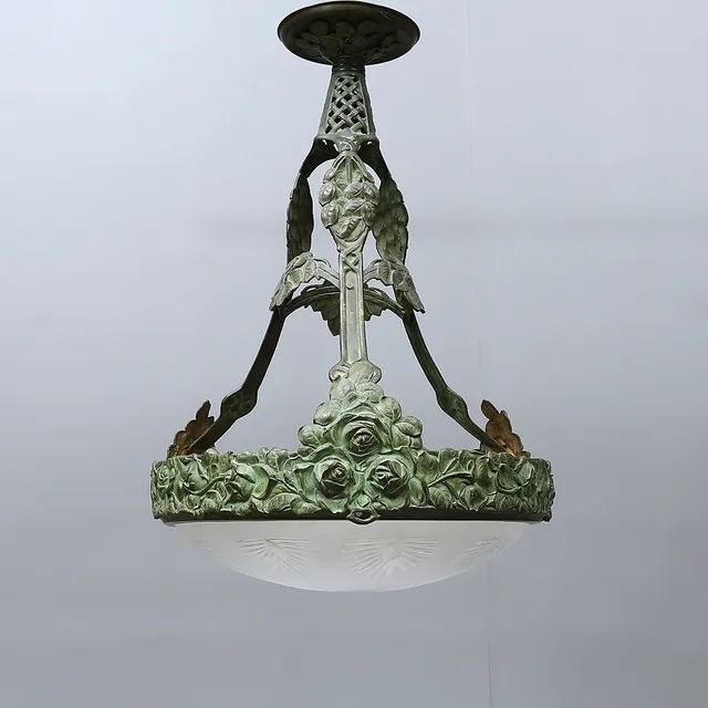 TAKLAMPA, patinerad brons, glas, jugend, Böhlmarks, 1900-talets början.