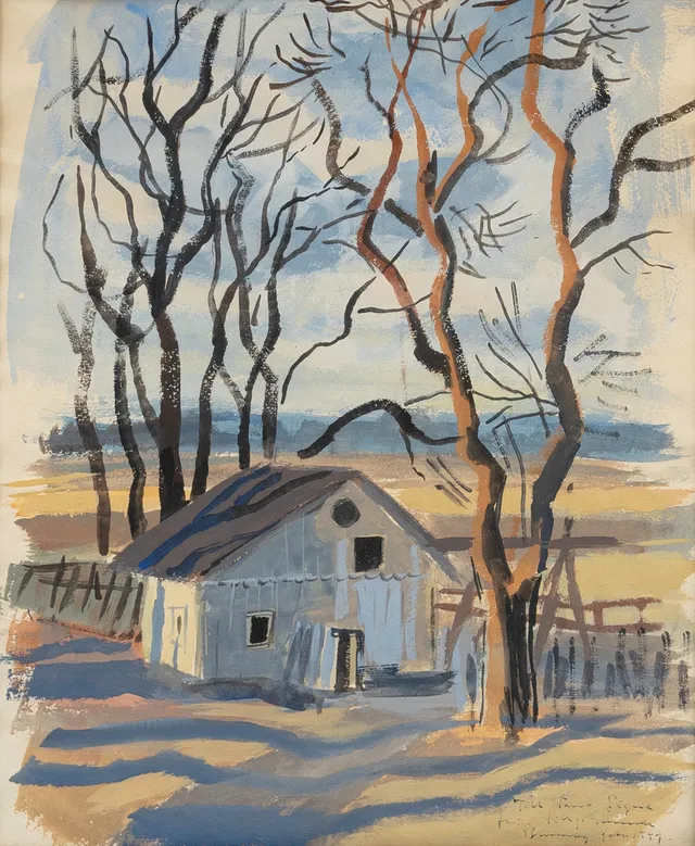 GUNNAR BRUSEWITZ. Gårdsmotiv, gouache på papper, gåvodedikation signerad och daterad febr. 1949.