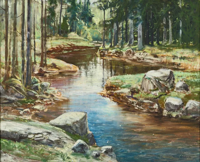 NILS OLZON (1891-1953): Skog med vattendrag, signerad Nils Olzon, olja på duk.