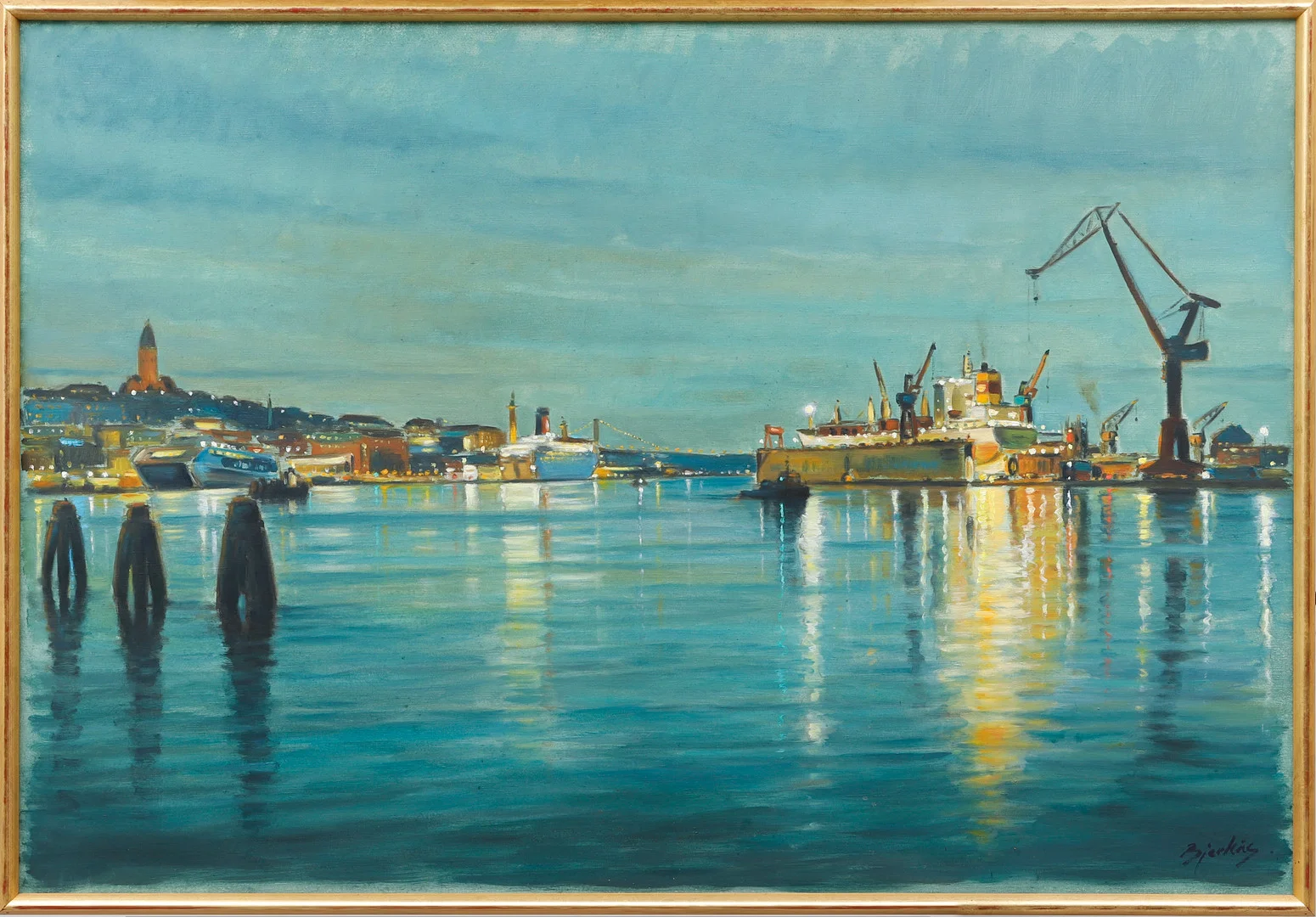 CARL BJERKÅS. "Nordisk sommarnatt, Göteborgs hamn", olja på duk, signerad, daterad 2002 a tergo. — Paintings — Göteborgs Auktionsverk